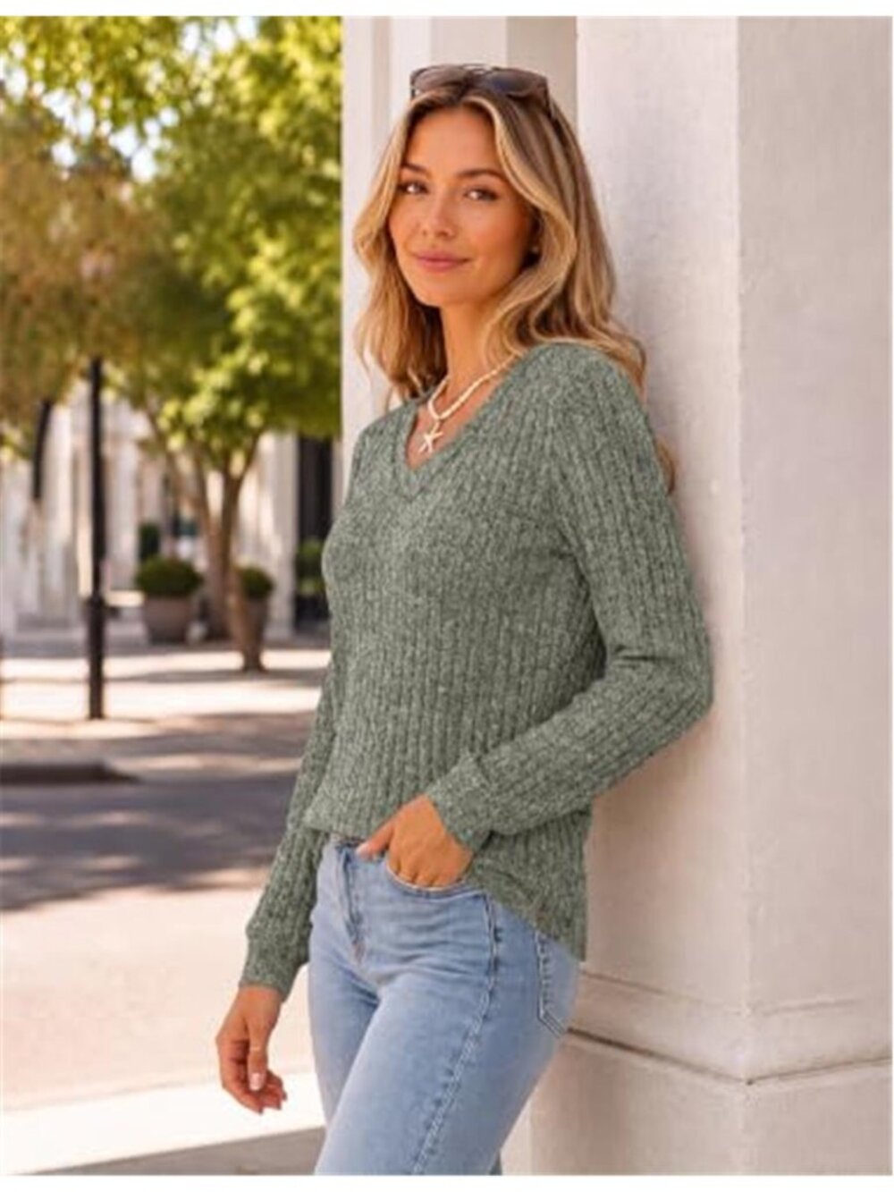 Women's V Neck Ribbed Top Fitted Long Sleeve Casual Fall Shirt - Picture 4 of 6